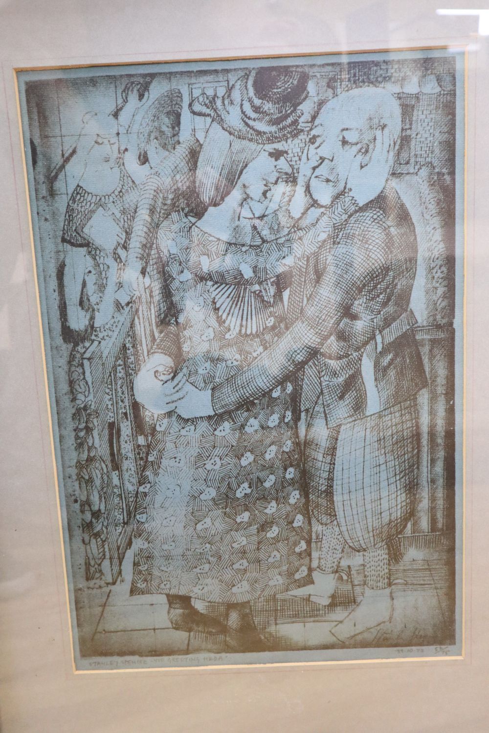 Stanley Spencer, monochrome print, Me Greeting Hilda, inscribed in pencil, 52/75, 41.5 x 28cm